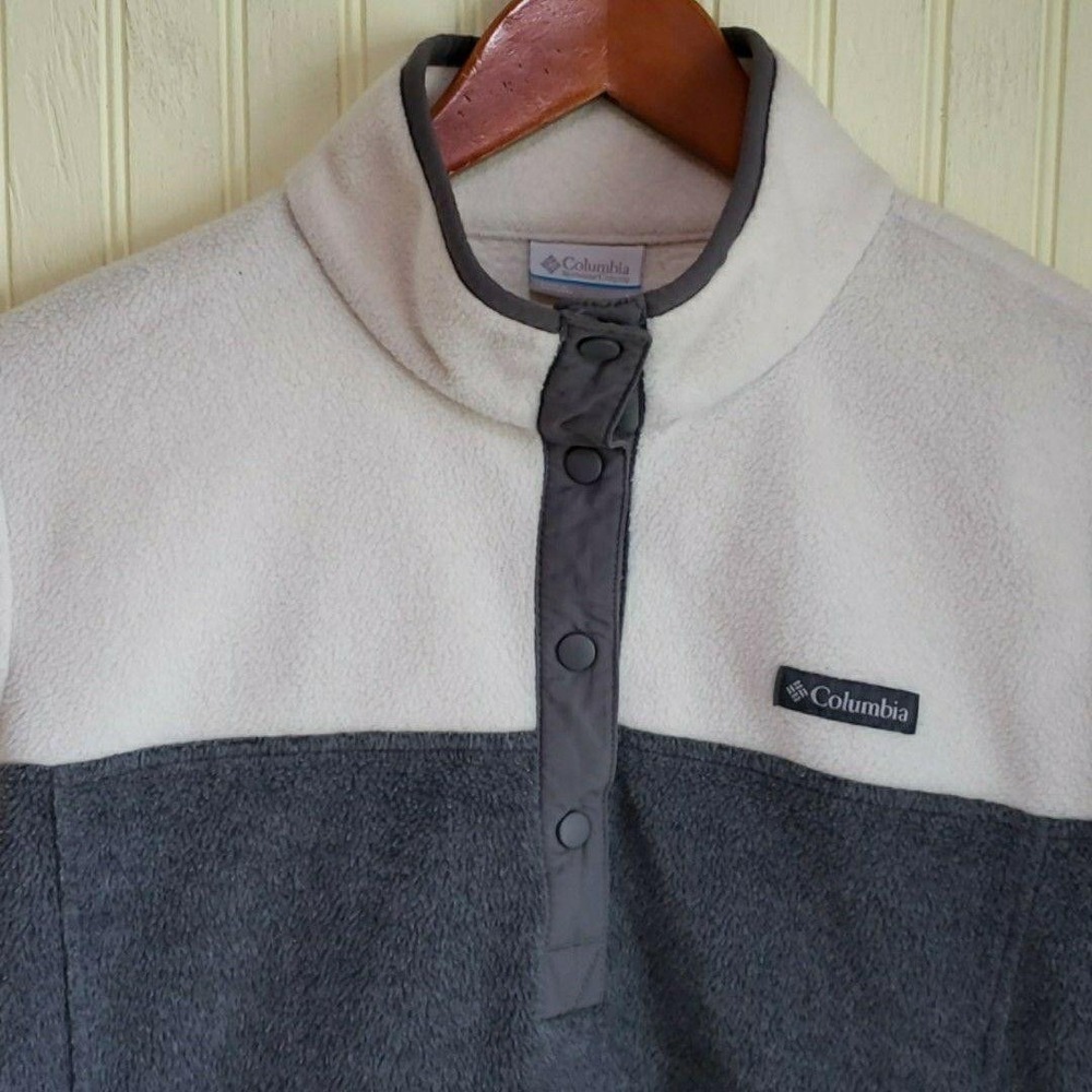 Columbia Fleece Jacket Womens Large Gray White Snap Pullover Colorblock Collared
